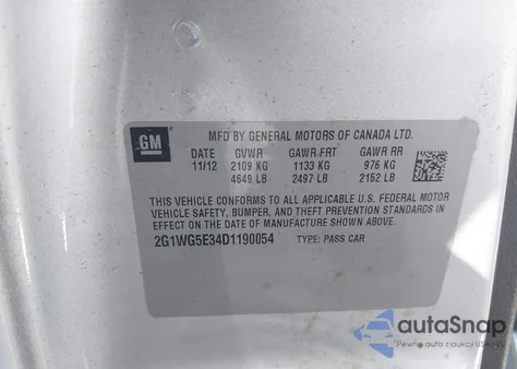 2013 Chevrolet Impala Lt из США, поврежденный, VIN 2G1WG5E34D1190054